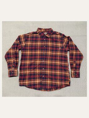 Eddie Bauer Large Plaid Flannel Shirt Burgundy Orange Navy Cotton